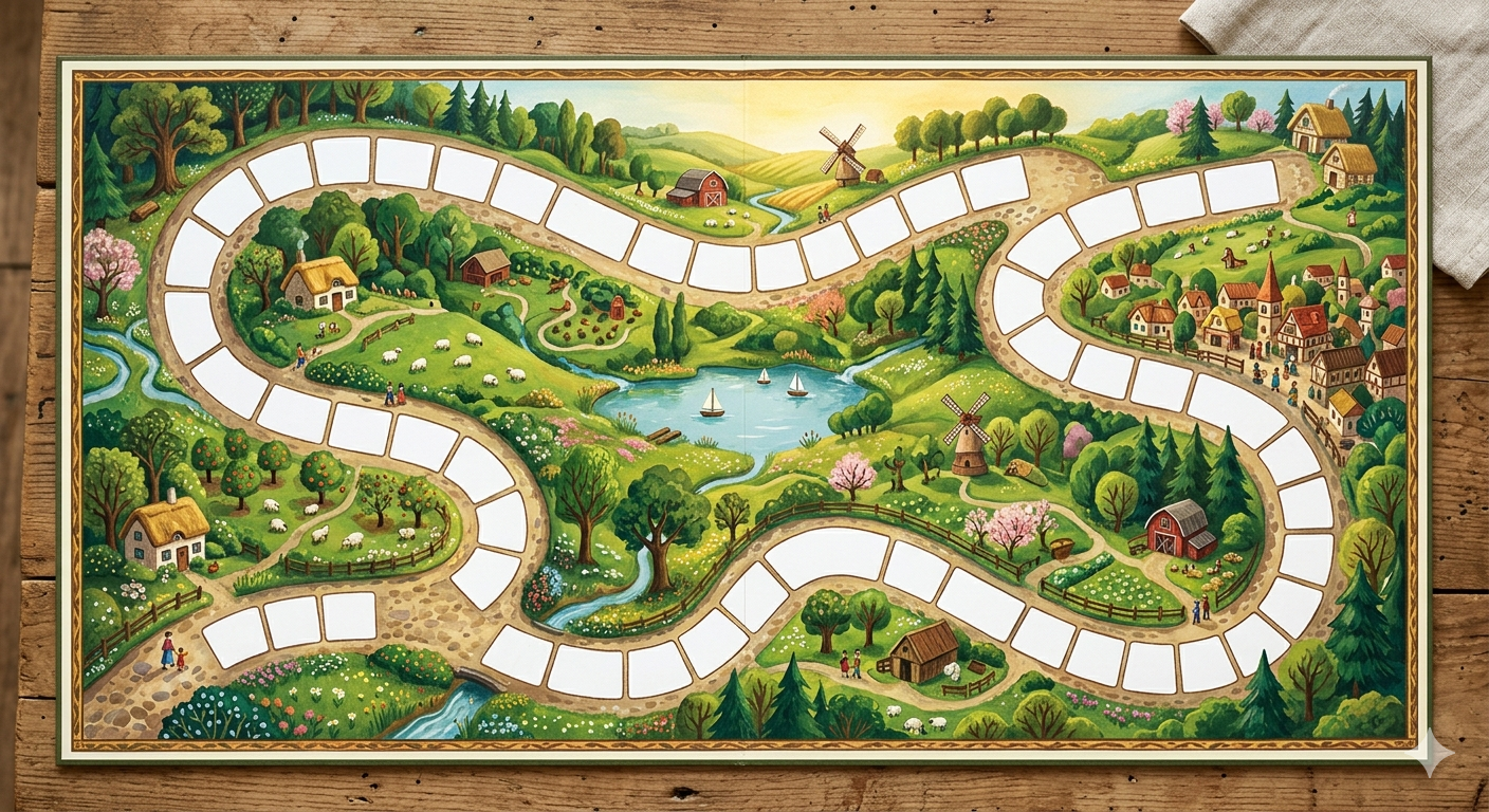Illustrated Game of Life style board showing Ashiq's life journey